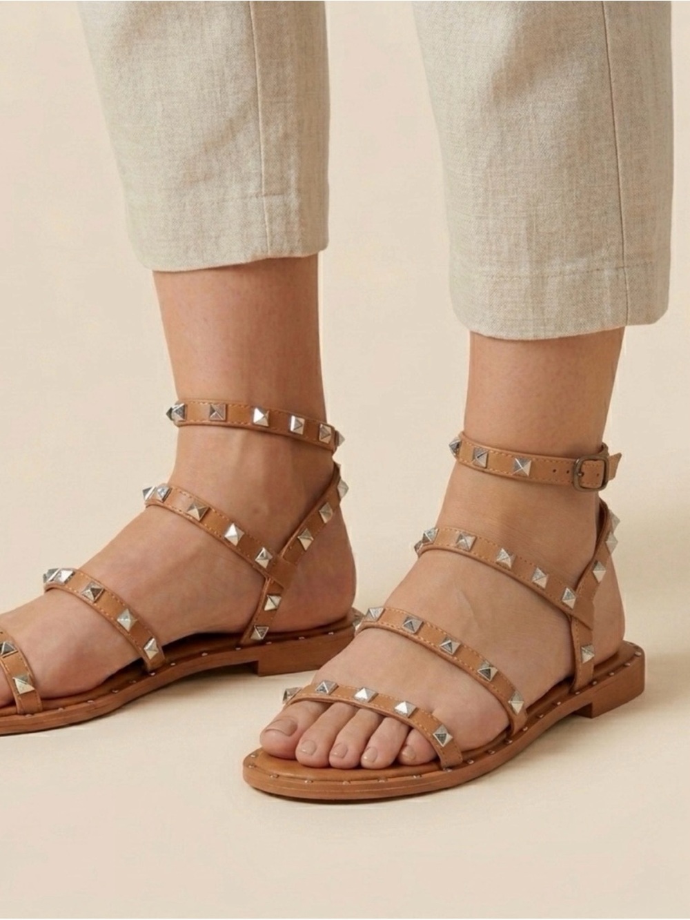 Nicole Miller Tan Studded Strappy Ankle Buckle Sandals